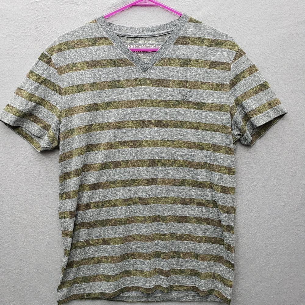 American Eagle Mens V-Neck Tee Gray Olive Green Heathered Stripe Normcore Grunge